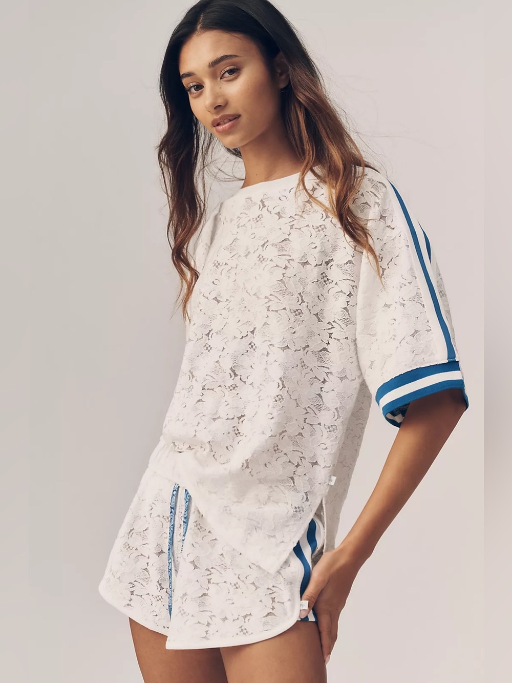 NWOT Anthropologie Daily Practice Sheer Lace Tee - Small - White/Blue - SOLD OUT